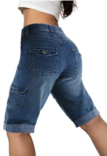 Flamingals Women's Bermuda Denim Straight Leg Shorts with Flap Pockets Mid Waist Casual Shorts Roll Hem Denim Blue L