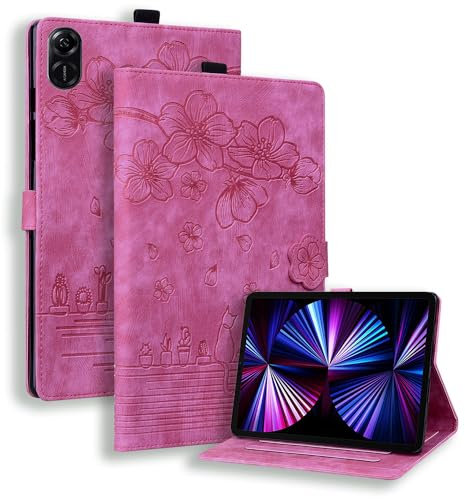 TEDTIKJT Funda para Honor Pad X9/Honor Pad X8 Pro 11.5 Pulgadas Carcasa PU Cuero Folio Fundas con Magnético Soporte Protección Tablet Cover para Honor Pad X9/X8 Pro Funda,Flores Cerezo Gatos Rojo