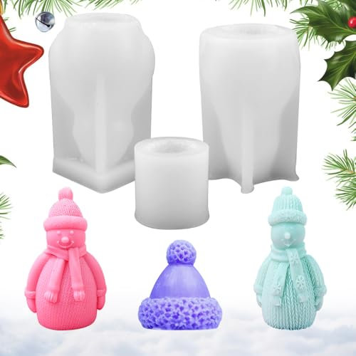 ADERTOS 3 Stampi per Candele Natalizie 3D, Stampi in Silicone per Realizzare Candele Artigianali, Stampo in Resina per Candele per Pupazzo di Neve di Natale e Cappello per Candele per Aromaterapia