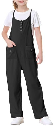 Rolanko Tute da Ragazza Salopette Senza Maniche Cinghie Regolabili Larghe Pagliaccetti Pantaloni Lunghi con Tasche per Bambini, Nero, Taglia: 6-7 anni/130