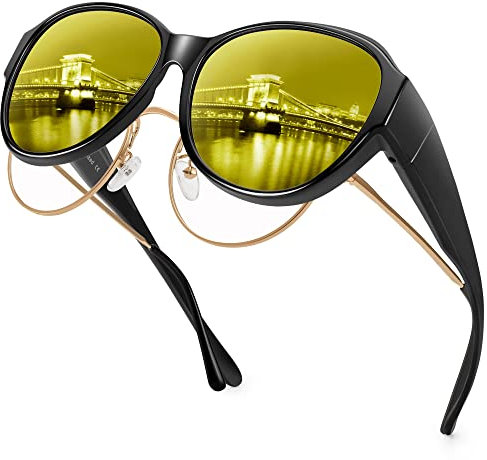URUMQI Nachtsichtbrille für Autofahrer Damen Polarisierte Nachtbrille zum Autofahren Anti-Blendung HD Gelb Gläser Überzieh Nachtsichtbrille Ultra Leicht Glänzend Schwarzer Rahmen