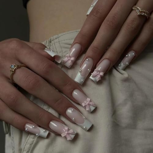 French False Nails - 24pcs Long Coffin Press on Nails - Pink False Nails with Glue - Stick on nails with Bow Design - Ballerina French Tip False Nail for Women Girls Daily Party Wear