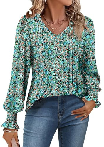 CHICZONE Womens Tunic Tops Sexy V Neck Puff Long Sleeve T-Shirt for Leggings Pleated Casual Blouse Shirts