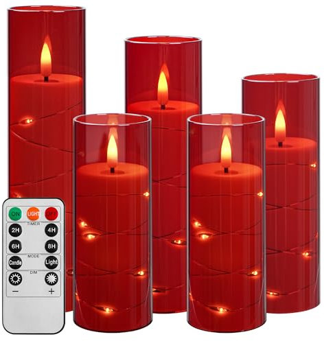 Da by LED Candle Light with String Lights, Battery Opowered Candle with Remote Control and 24-Hour Timer, Flickering Flameless Candle for Christmas Decoration, Home Decoration(Red, Set of 5)