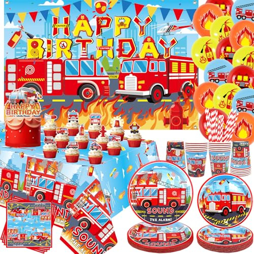 Décorations de fête d'anniversaire camion de pompier pour accessoires de fête de camion de pompier, assiettes, tasses, serviettes, nappe, fond d'anniversaire, ballons de gâteau, décorations pour thème