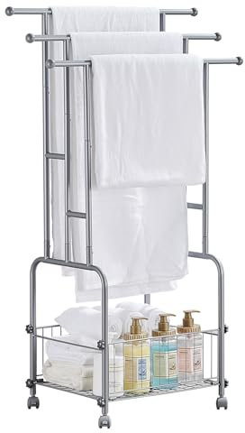 LIUBEI Portasciugamani Bagno a 3 Livelli, Portasciugamani autoportante, Portasciugamani con Cesto Portaoggetti, Rotelle, Salvaspazio, Portaoggetti per Bagno, Camera da Letto, Balcone, Grigio