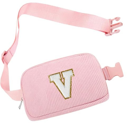 Personalisierte Initialen Bauchtasche, Cord-Crossbody Bag Damen Rosa Brustbeutel Gürteltasche Umhängetasche, Schultertasche Brusttaschen für Reise Fahren Wandern, Geburtstag Geschenk für Mädchen(V)