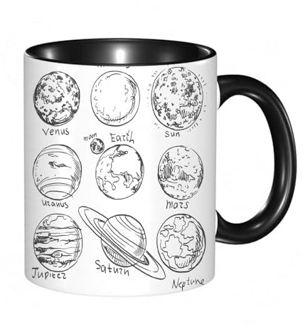 HRRASFAZF Tasse Kaffeetassen,Große 330ml Mit Henkel 100% Handbemalt kaffeebecher porzellan,Gekritzel, Planeten des Sonnensystems, Sonne, Merkur, Erde, Mond,Frauen,Jahrestag,Muttertag