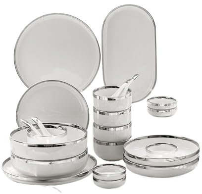Set di Stoviglie Piatti in ceramica bianca brillante con bordo argentato, piatti da portata for bistecche, ciotole, piatti da portata in porcellana, set da tavola for hotel for famiglie(4 person set)