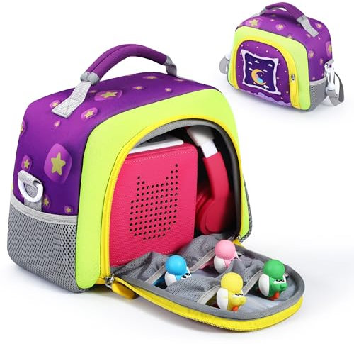 EUGOOCX Sac de transport pour lecteur audio Toniebox, étui de rangement de voyage compatible avec les personnages Tonies, écouteurs et lecteur audio avec bandoulière, violet, Sac de transport