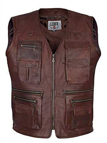LEDER24H Herren Outdoor Lederweste Ranger Weste Schießweste Anglerweste 1035 (DE/NL/SE/PL, Alphanumerisch, M, Regular, Regular, Braun mit 10 Außentaschen)