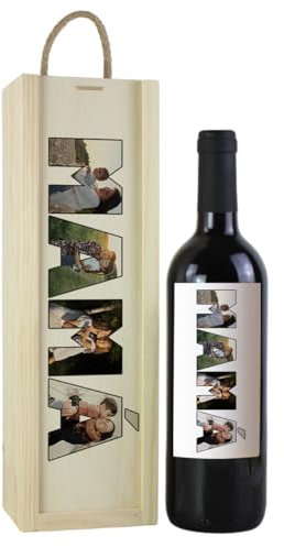 Botella de Vino Personalizada con Fotos MAMÁ Caja Regalo Día de la Madre Cumpleaños Aniversario (Vino Tinto, 1 Botella + Caja Regalo)