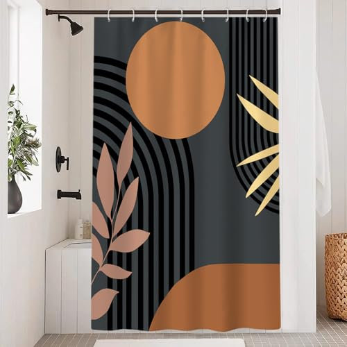 Uiiooazy Rideau Douche Anti Moisissure, Rideau de Douche 120x200cm Orange Tissu Lavable Abstrait Boho Rideaux de Baignoire Boheme Noir Gris Imperméable Polyester Rideaux Salle de Bain avec 8 Crochets
