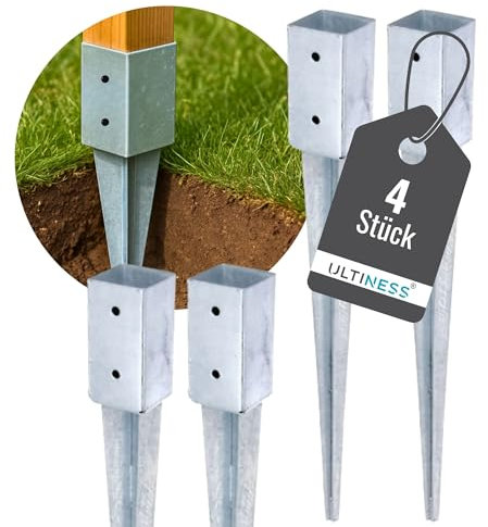 Ultiness® Pfostenträger für Holzpfosten Einschlaghülse 70x70/90x90 wetterfeste Bodenhülse aus Stahl Feuerverzinkt - Stabile Pfostenanker im Außenbereich - Einschlagbodenhülse (4 St., 71 x 71/750 mm)