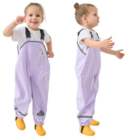 Domueay Pantaloni Impermeabili Bambini, Leggero Salopette Antipioggia Pantalone da Pioggia con Strisce Riflettenti Non Imbottiti, Viola Cavallo Ragazze Impermeabile Abbigliamento, per 7 Anni