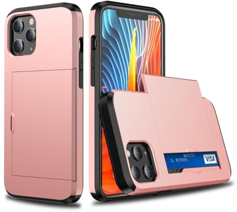 JYNCHDZ for iPhone 12 Case with Card Holder Shockproof Hard PC Shell Soft TPU Bumper Heavy Duty Protection Slim Fit Anti-Drop Armor Cover for iPhone 12, Rose Gold