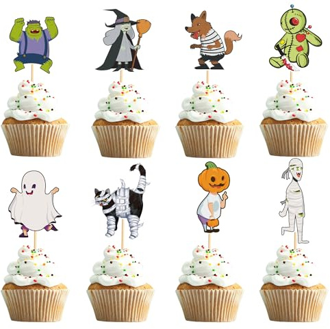 Arthsdite 24pcs Halloween Cupcake Toppers Ghost Cat Witch Cupcake Picks Halloween Pumpkin Blood Knife Horror Cake Decorations