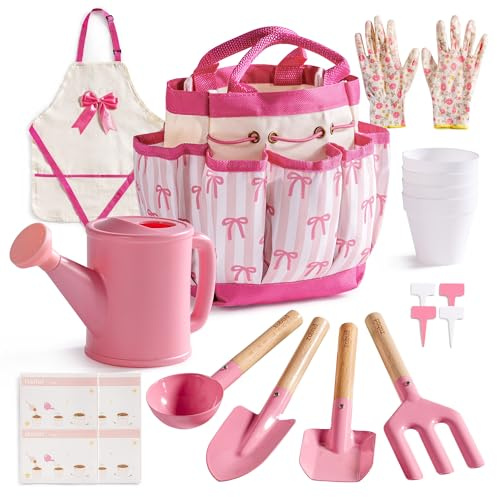 ROBUD Kinder Gartenwerkzeug Set, Gartenset Kinder Gartenarbeit, Gartenspielzeug Mädchen, 18-teilig mit Tasche, Metallwerkzeugen, Gießkanne, Pflanztöpfen, Schürze & Handschuhen