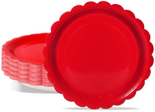 PYAILI 50 Assiettes en Carton - Set Anniversaire 23cm (Bord Crénelé Rouge) pour Fêtes de Fin d'Année, Nouvel An et Anniversaires