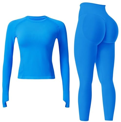 JN JANPRINT Nahtlose Fitness-Sets für Damen, 2-teilig, langärmelig, Top, versteckte Scrunch-Leggings, Yoga-Outfits, Trainingsanzug