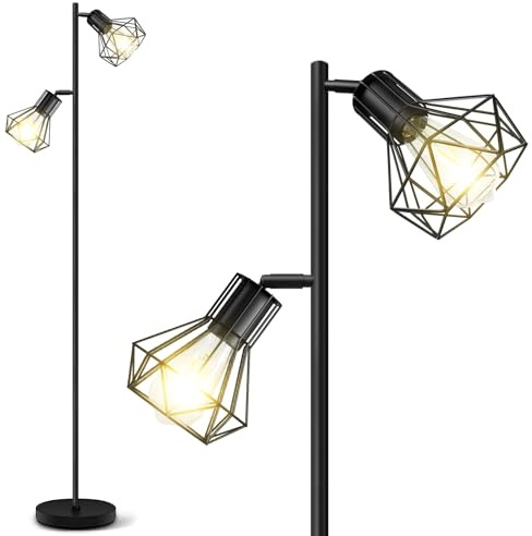 BBHome Stehlampe Wohnzimmer, 2-Flammige Industrielle Stehleuchte mit Käfig Lampenschirm aus Metall, E27 Rustikale Stehlampen für Wohnzimmer, Schlafzimmer, Büro, 160cm, Schwarz (ohne Leuchtmittel)