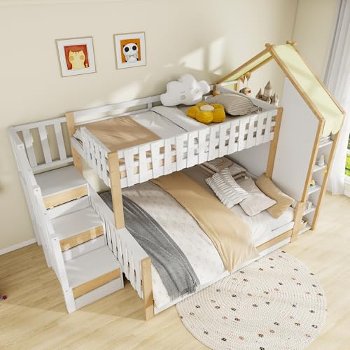ZKLOEP Letto a castello, 90 x 200 cm, 140 x 200 cm, scaletta per la casa, 2 cassetti, recinzione irregolare, senza materasso, bianco e naturale
