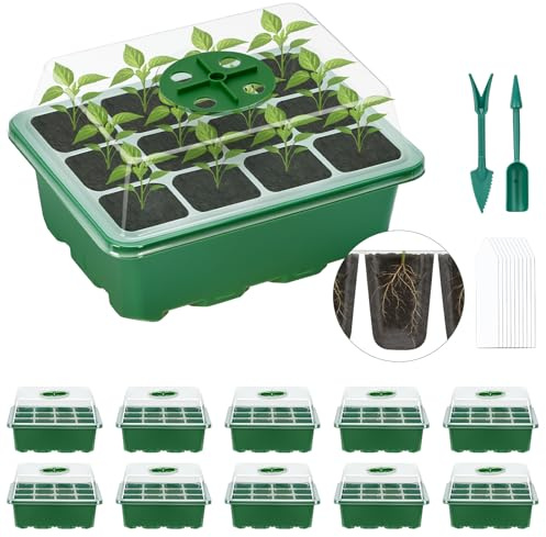 Lychee Seed Trays, 10 Pack 120 Cells Propagator Growing Thicken Seedling Starter Growing Trays with Lidded/Rotatable vent design for Greenhouse & Gardens (Green,10Piece)