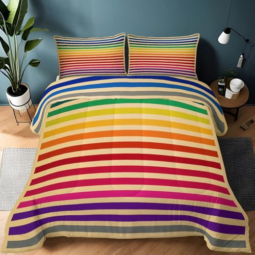 Srigzcaly 3-teilig Bettdecke 200x200 Retro Regenbogen Horizontale Streifen Ganzjahresdecke, Bunte Boho Bettdecke Ohne Bezug - 4 Jahreszeiten Bettdecken - Wende Steppdecke Schlafdecke für Doppelbett