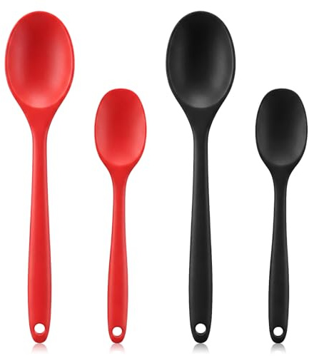 4 Pack Long Handle Silicone Mixing Spoons, 2 Sizes Silicone Cooking Spoons Heat Resistant Rubber Stirring Spoon Basting Utensil Kitchen Spoon for Cooking Baking Mixing Serving, 11 & 8 (Red, Black)