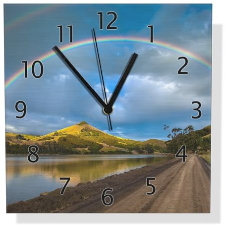 Wallario Design Wanduhr Regenbogen über Hügel aus Aluverbund, Alu-Uhr Größe 30 x 30 cm, Schwarze Zeiger mit Metalloptik