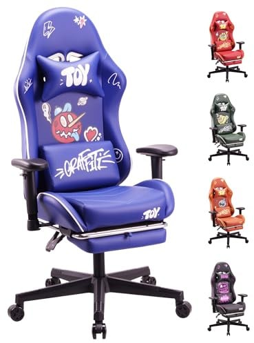 play haha Gaming Chair with Footrest, Ergonomic Reclining Gamer Chair with Adjustable Armrests, Faux Leather Computer Chair with Lumbar Support & Headrest, Swivel Desk Chair for Gaming Room Setup