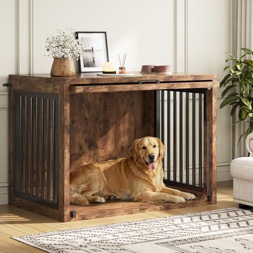 Jocoevol Hundebox Möbel, 107cm Hundekäfig für Große Hunde bis 36 kg | Hundehaus Holz mit versteckter Schiebetür, Heavy-Duty Hundekäfig mit Sicherheitsschloss und leisen Pads, 107x73x85 cm