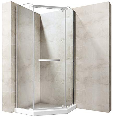 Durovin Bathrooms Pentagonal Shower Enclosure - Pivot Hinged Door with Bar Handle - 8mm Safety Clear Glass with Acrylic Shower Tray (900 x 900mm)