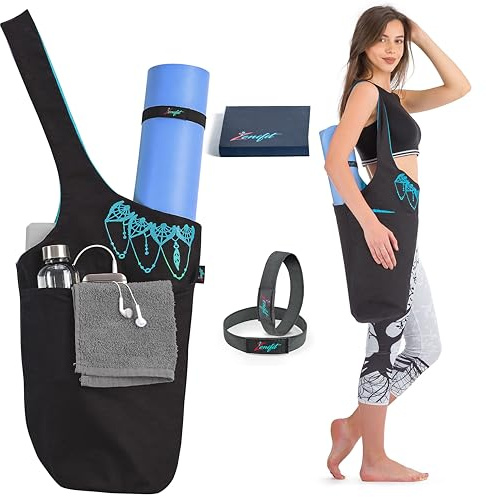 Zenifit Yoga-Matte Tasche - Lange Tote mit Taschen - hält mehr Yoga-zubehör. Netter Yoga-matten-Halter mit Bonus-Yoga-matten-bügel-Elastics. schwarz und Azure Blaue Yoga-Matte Taschen