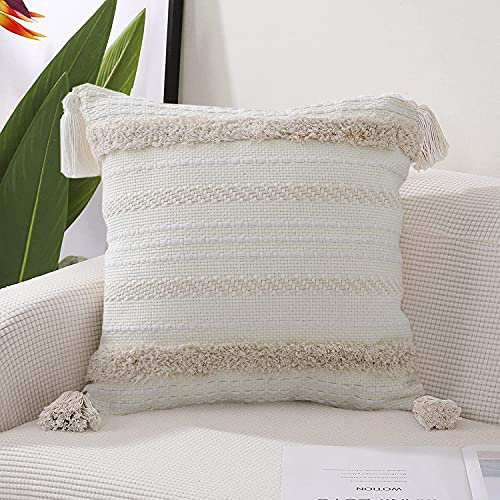 MOCOFO Hibiskus Kissenbezüge Getuftete Quaste Nordischer Stil Böhmisches Besticktes Sofa Wohnzimmer Schlafzimmer Sessel Dekorativer Kissenbezug (Weiß, 45x45cm)