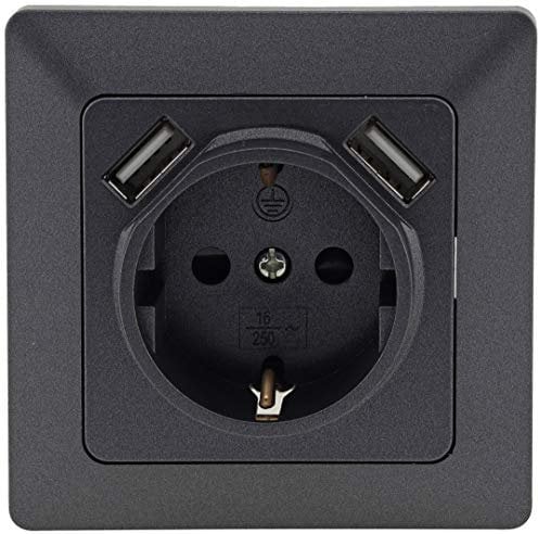MILOS Steckdose 2x USB 3,1A 5V Unterputz 250V/16A Schutzkontakt-Steckdose 2-fach Steckklemme Anthrazit Grau
