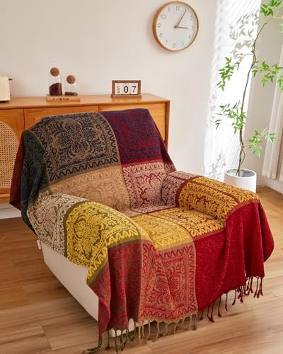 AIVIA Boho-Überwurfdecke, Bohemian, übergroß, Couch, Sofa, Schonbezug, Liegesitz, Möbelbezug, Azteken-Hippie-Überwurf, Decken, Bett, Streuraumdekoration (221 x 261,6 cm, rot, grün, marinegelb)