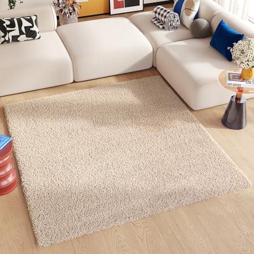 Essence Teppich Quadratisch Shaggy Hochflor Langflor Einfarbig Beige Weich Modern Design Wohnzimmer Schlafzimmer ÖKOTEX 200 x 200 cm