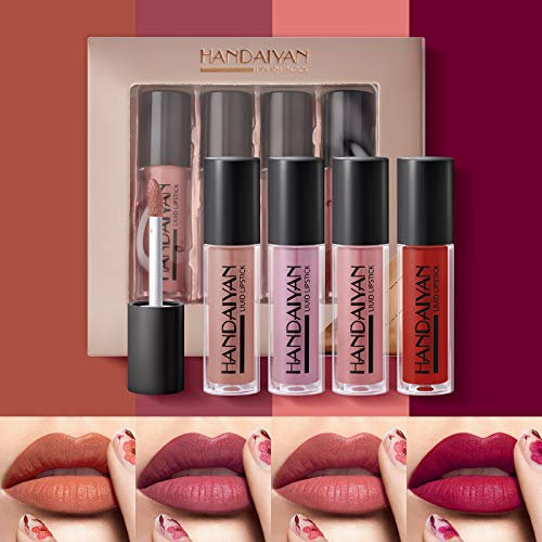 Mimore 4 Stk. Feuchte Lippenstifte Flüssiger Lippenstift Set Wasserdichtes, langlebiges Lipgloss-Kit Glättende Antihaft-Tasse Sexy Colors Lip Glaze mit Geschenkbox (feucht)