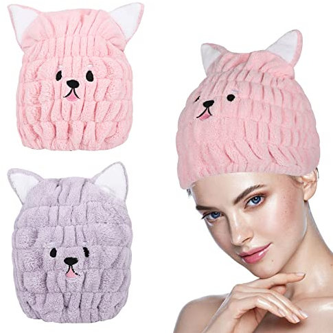 2 Stück Trockenes Haar Hut Handtuch Mikrofaser Trocknen Haaren Kappe mit Niedlichen Katzenohren Schnell Trocknende Badekappe Haarturban Super Saugfähig Haare Handtuch Haar Wrap für Frauen Mädchen