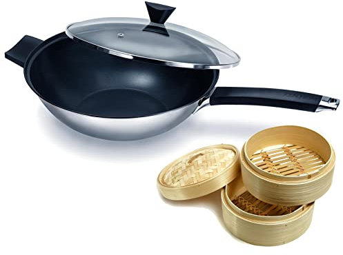 Ken Hom Edelstahl Wok 32 cm Induktion 3-tlg. - Antihaft Stielwok innen beschichtet mit Glasdeckel & Gegengriff - für alle Herdarten - Wokpfanne im Set mit 2-stöckigem Dampfgarer 20 cm