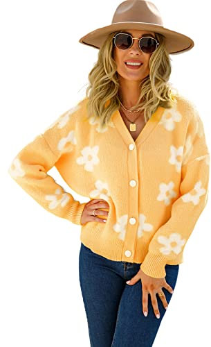 HEYPORK Damen Herbst Winter Warm Bequem Jacke Casual Mode übergangsjacke Mantel Frauen Herbst/Winter Strickjacke mit Blumen Kaschmirjacke(Gelb, XL)