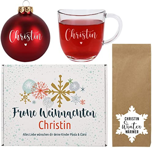 Herz & Heim® Weihnachtliches Geschenkset mit gravierter Christbaumkugel, graviertem Teeglas und 100g Früchtetee/mit Wunschname und -text