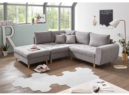 Lomadox Ecksofa mit Hocker und Kissen in hellgrau modern | L-Form Mir Recamiere Links