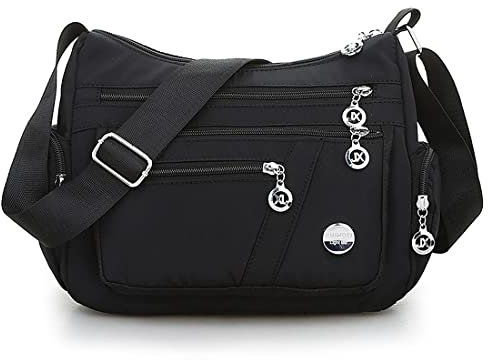 SHIFANQI Frauen Crossbody Bag Nylon Leichte Umhängetasche mit Multi Taschen Wasserbeständig (Schwarz)