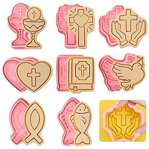 Christian Cookie Mold, 8 Pieces 3D Pressable Communion Cookies, Fish Cookie Cutter, Plastic Cutters, Christening Cookies, for Cookies Plastic Chalice