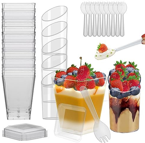 MerryNine 100 Pack 150ml/5.4oz Mini Dessert Cups, Clear Plastic Dessert Cups with Lids and Spoons, Parfait Appetizer Cup, Reusable Container for Party, Pudding, Mousse, Angled Round and Trapezoid