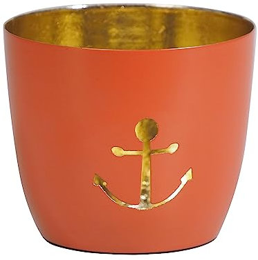 Seaside No.64 - Maritime Windlichter Baltic aus Metall mit ausgestanzten Motiven - Verschiedene Farbkombinationen für Teelichter & Stumpenkerzen in Haus und Garten (Anker - orange, Gold)