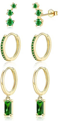 CERSLIMO Gold Earrings - Sterling Silver Set of 3 with Emerald Cubic Zirconia | Climber Stud, Huggie Hoop, Drop Dangle Earrings, Green