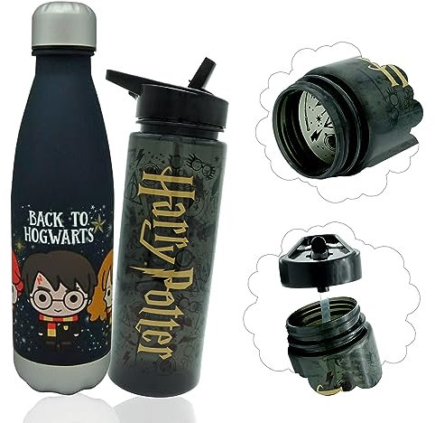 2Pcs Black Harry Potter Water Bottles Boys| 740ml Sports Bottle with Straw| 650ml Plastic Water Bottle for Kids| Kids School Gifts 3+Years